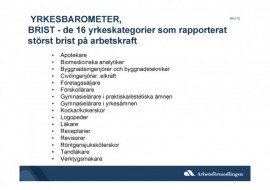 YRKESBAROMETERN - de 16 yrkeskategorier som rapporterat störst brist på arbetskraft